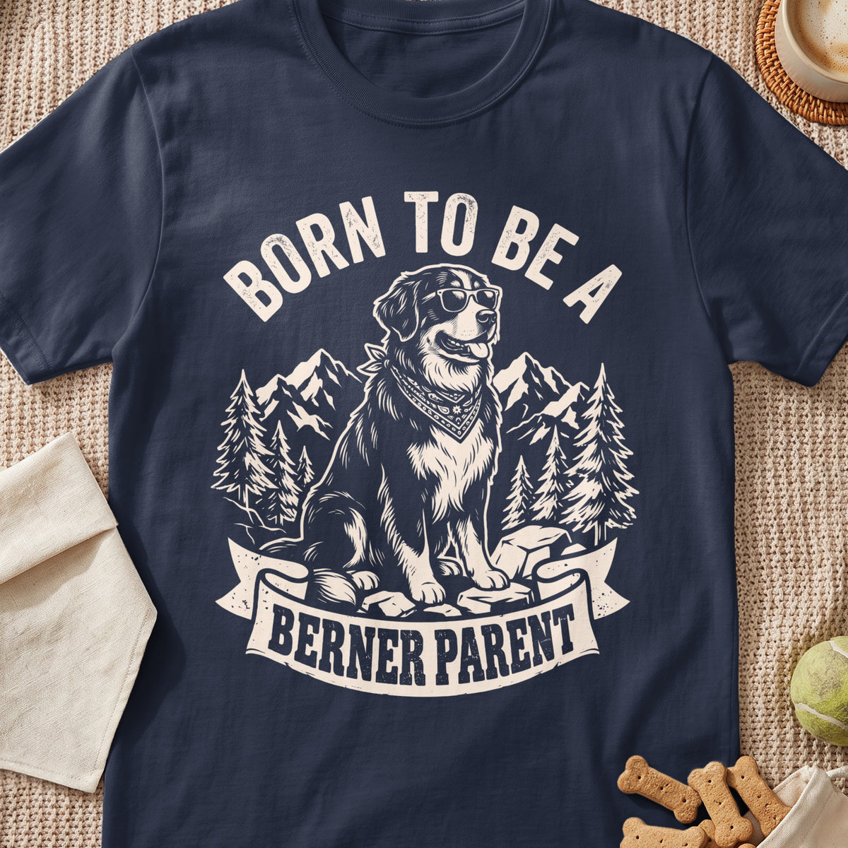 Bernese Mountain Dog wearing sunglasses and bandana, text says "Born to be a Berner Parent".