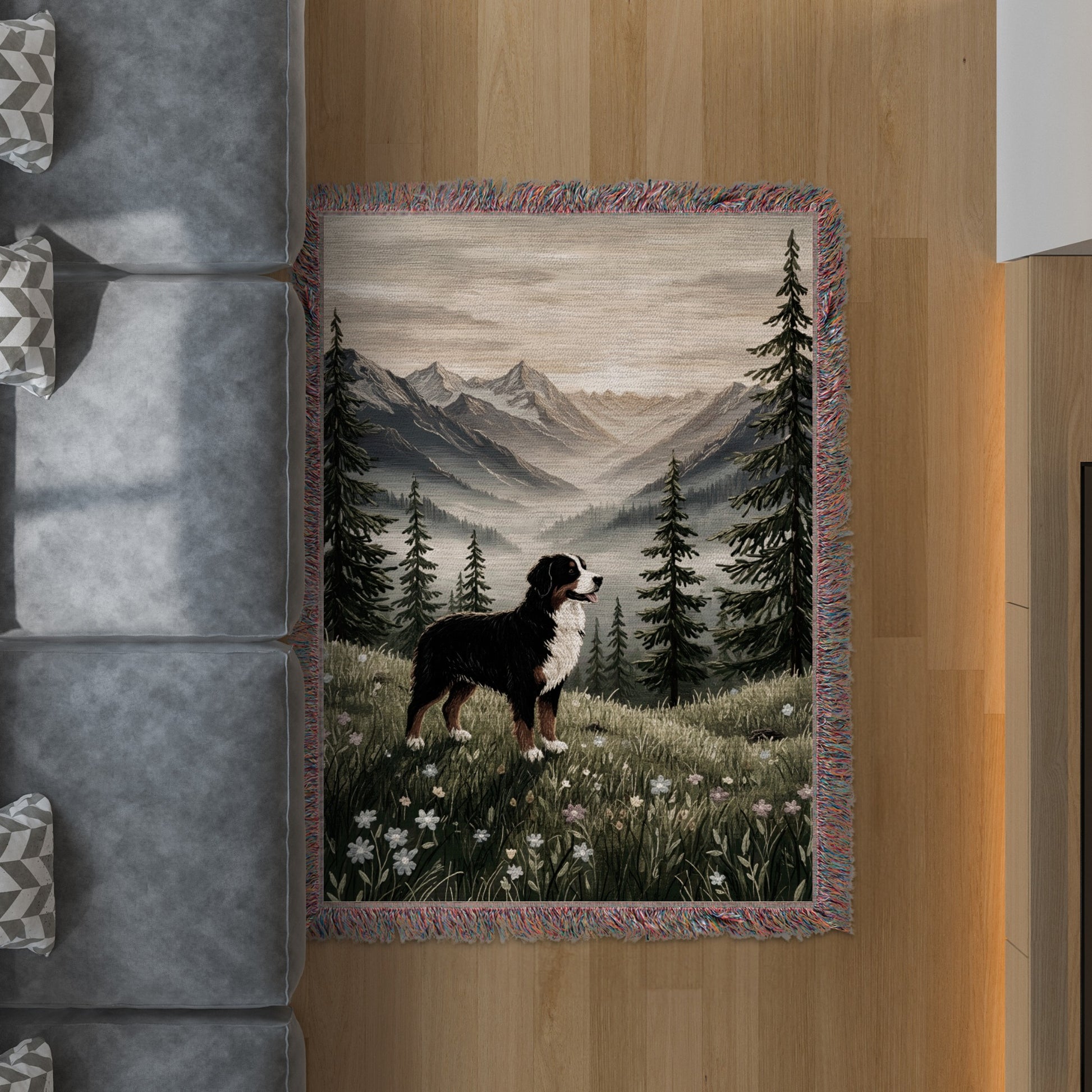 Mountain Scene with Bernese Mountain Dog Rug Decor