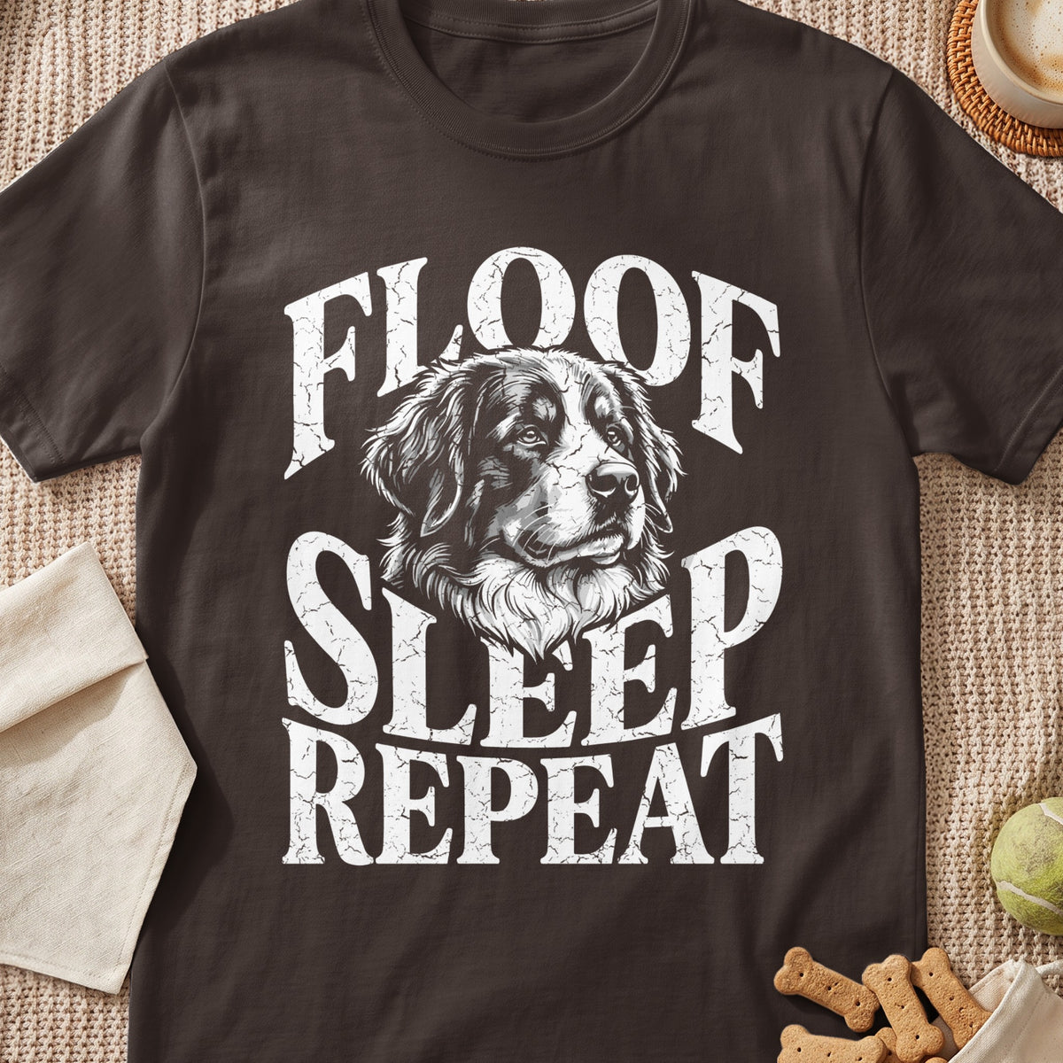 Brown t-shirt with distressed white text "FLOOF SLEEP REPEAT" and dog graphic.