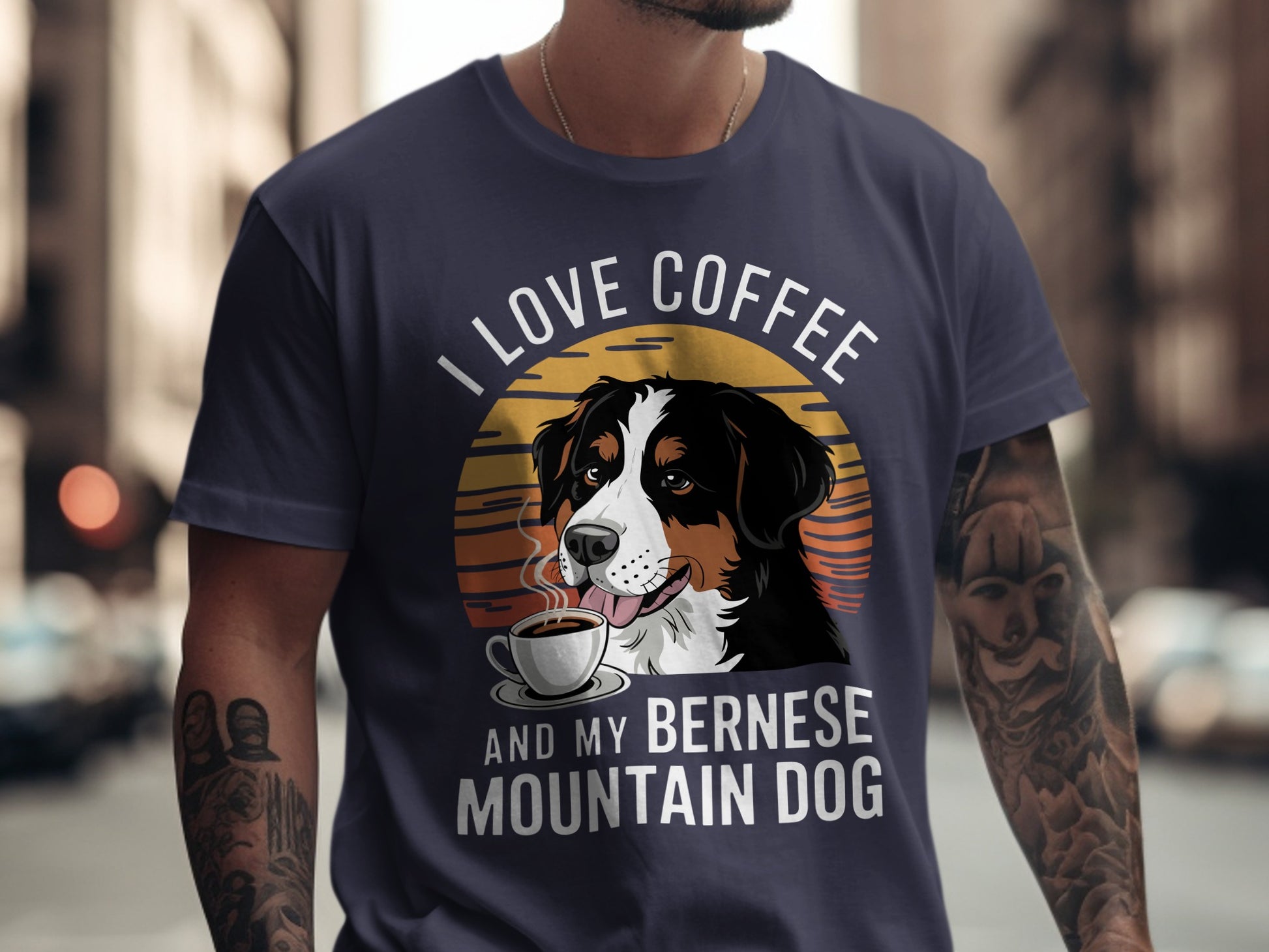 T-shirt with Bernese Mountain Dog, coffee cup, and text "I LOVE COFFEE AND MY BERNESE MOUNTAIN DOG".