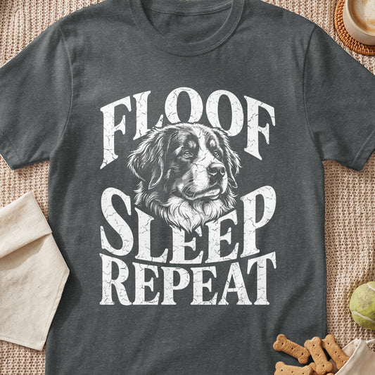 Dark grey t-shirt with distressed white text "FLOOF SLEEP REPEAT" and dog illustration.
