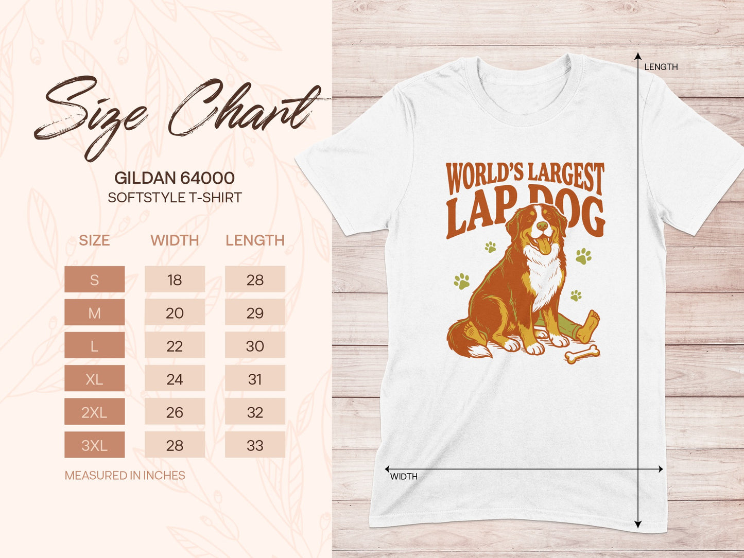 Gildan 64000 size chart with a drawing of a Bernese Mountain Dog.