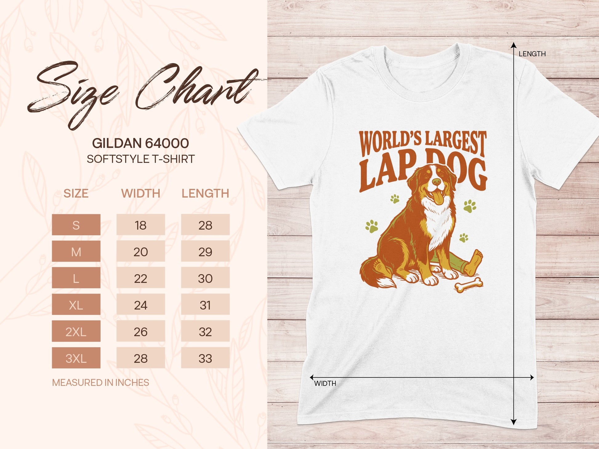Gildan 64000 size chart with a drawing of a Bernese Mountain Dog.