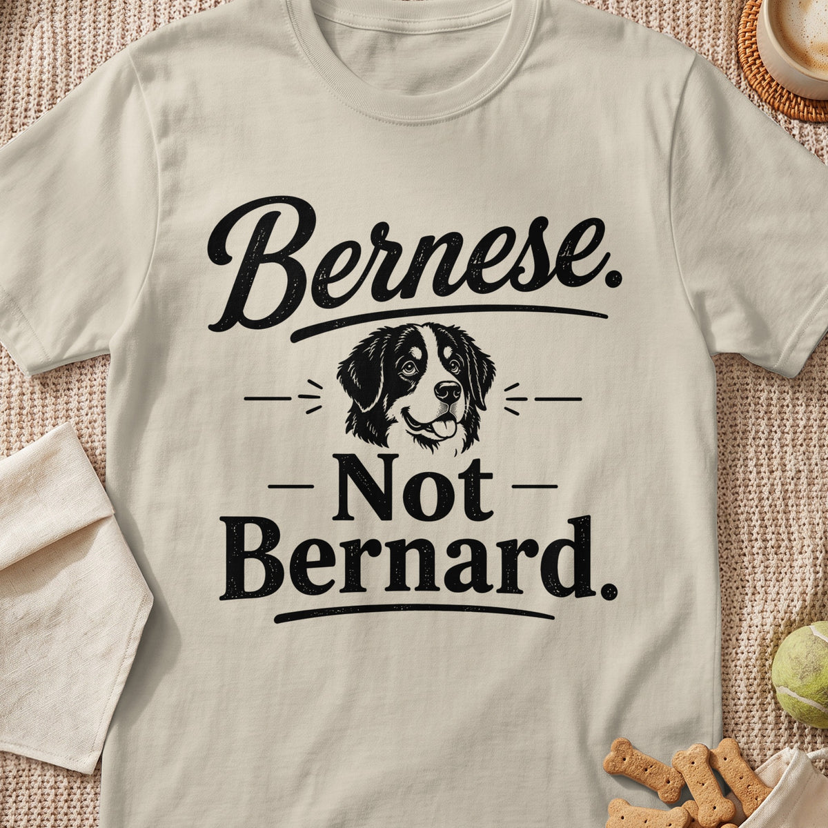 Bernese. Not Bernard. text with a Bernese Mountain Dog illustration on a beige t-shirt.