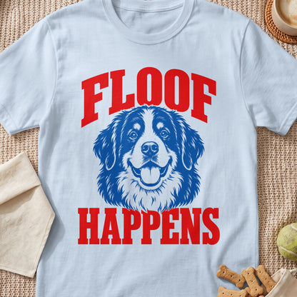 Light blue t-shirt with "FLOOF HAPPENS" text and a blue Bernese Mountain Dog illustration.