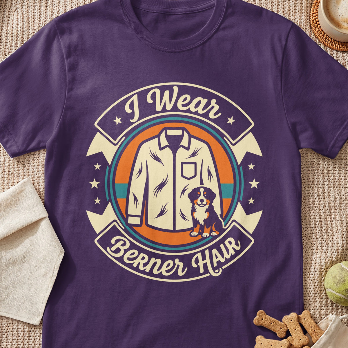 Purple t-shirt with "I Wear Berner Hair" text and a Bernese Mountain Dog graphic.