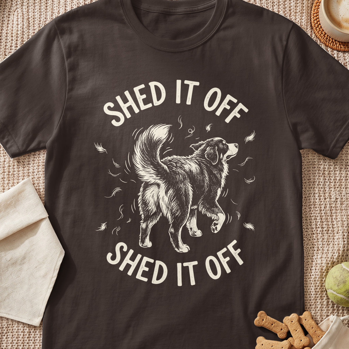 T-shirt with graphic of a dog shedding and text "SHED IT OFF".