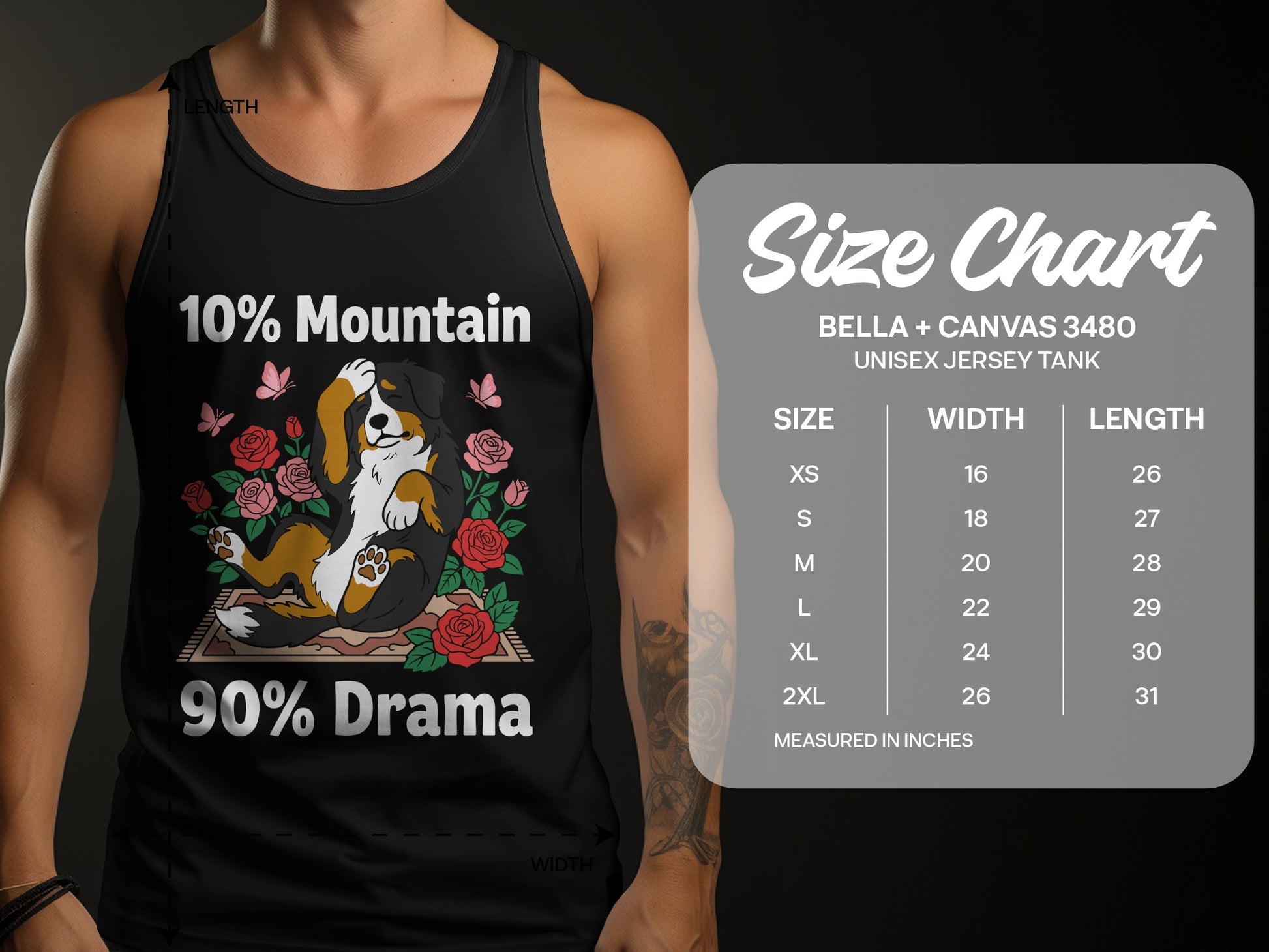 Black tank top with "10% Mountain 90% Drama" graphic and size chart.