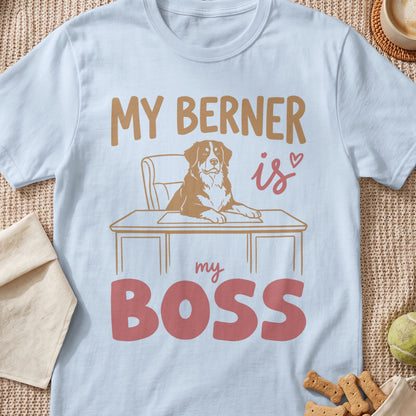 Light blue t-shirt with text "My Berner is my BOSS" and illustration of a dog at a desk.