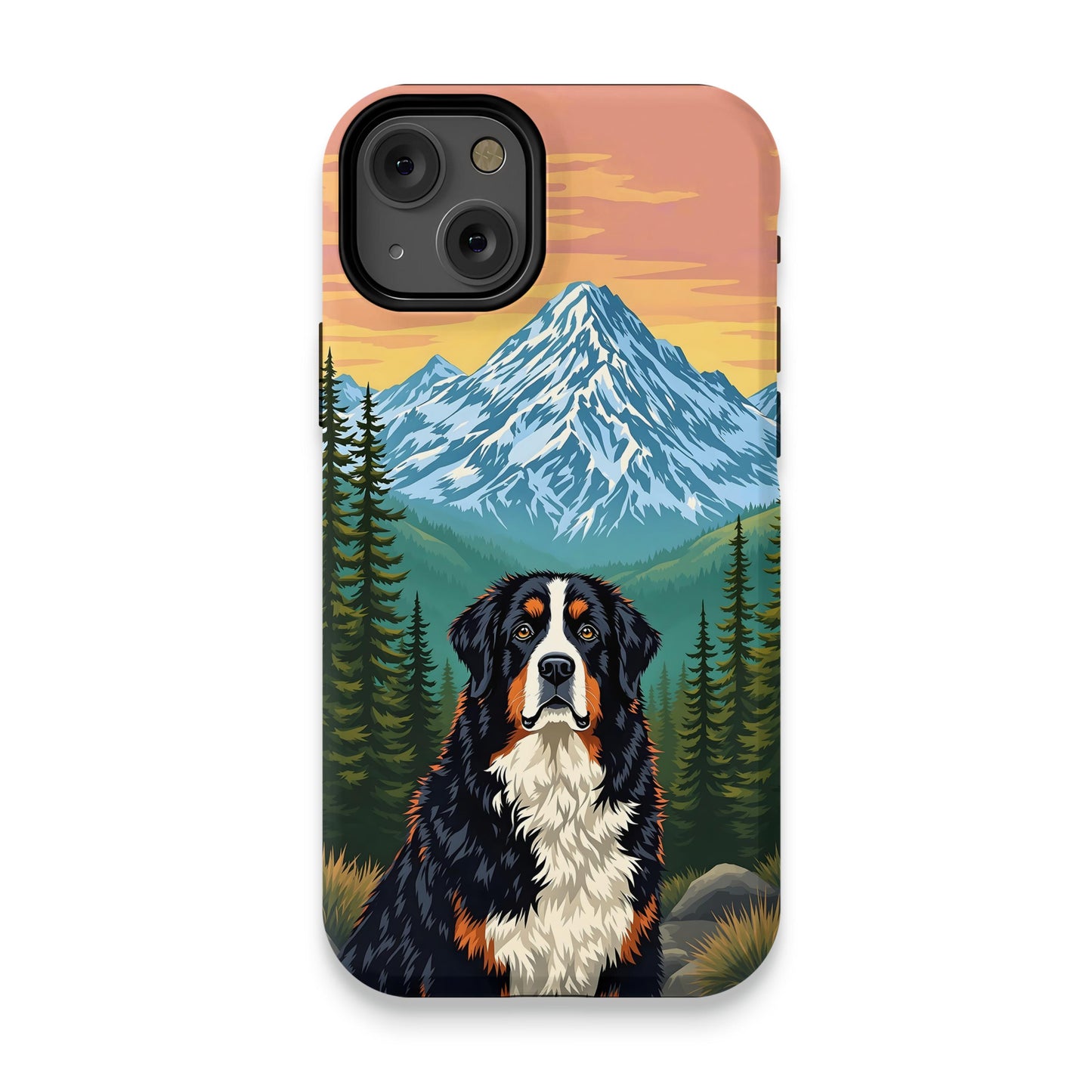 Mountain Dog Scene with Forest Background phone case product