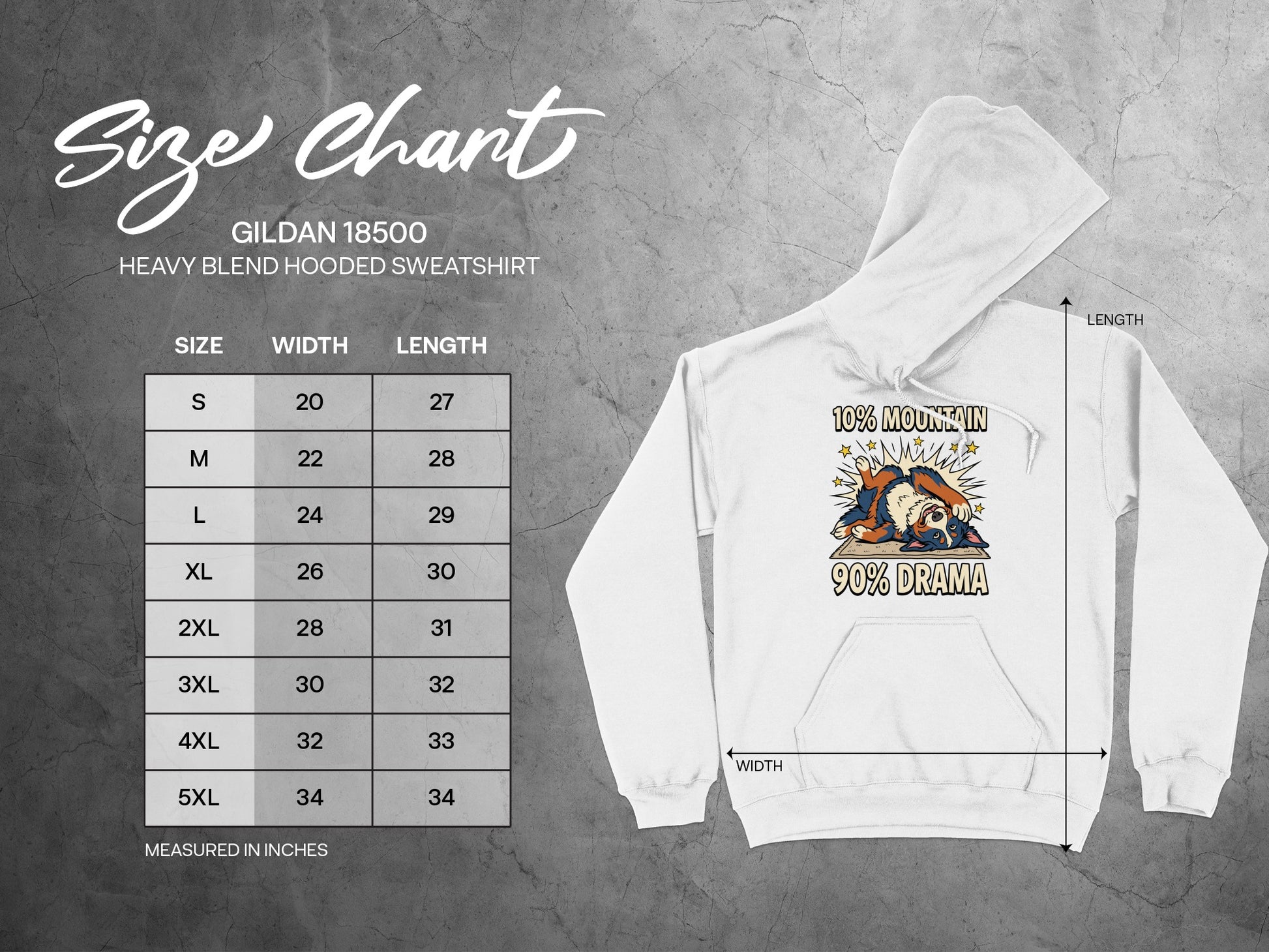 Gildan 18500 size chart for hooded sweatshirts in inches.