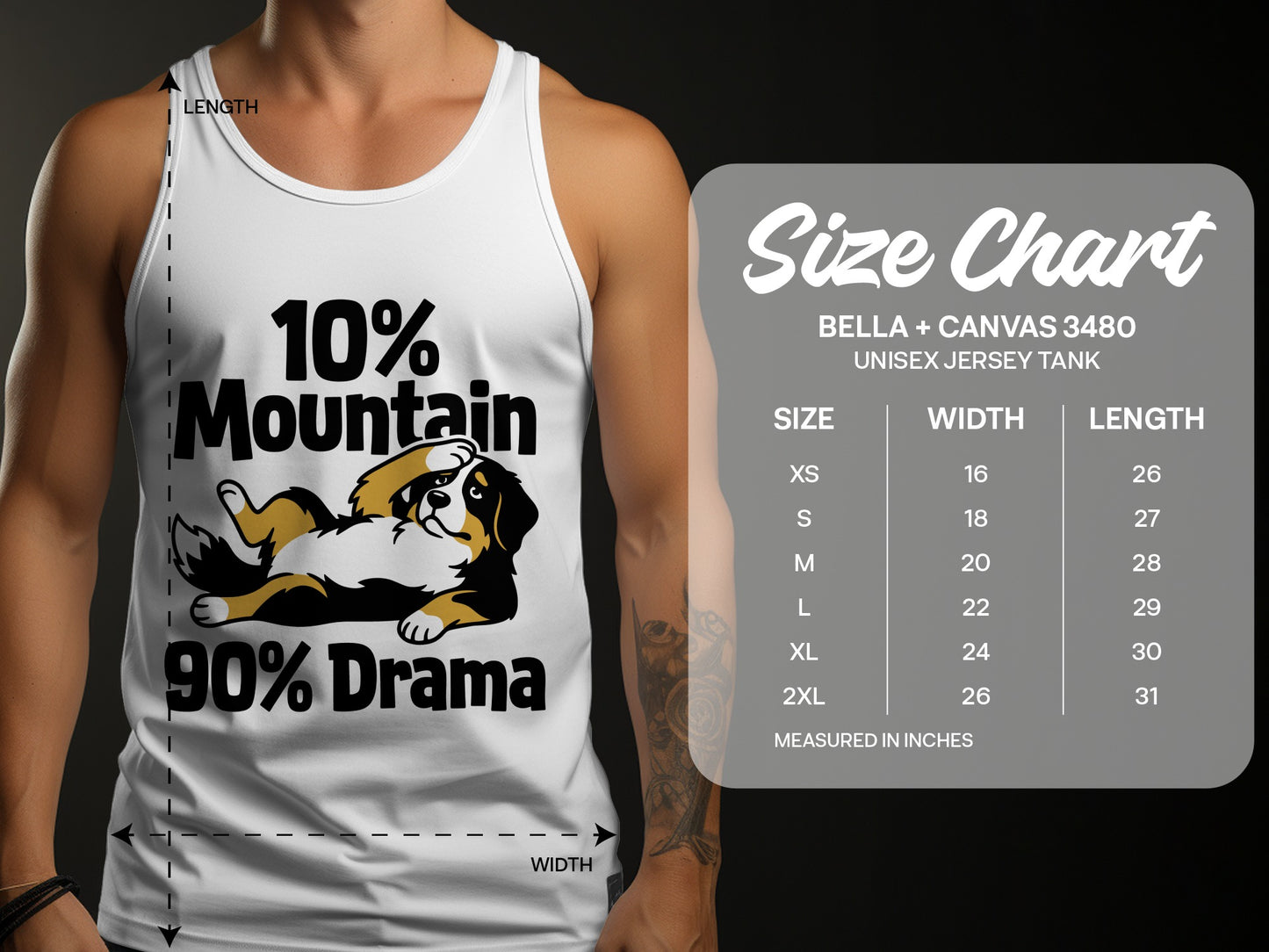 White tank top with "10% Mountain 90% Drama" and dog graphic, and size chart.