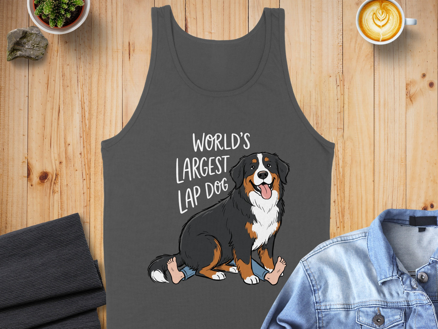 Tank top with text "WORLD'S LARGEST LAP DOG" and a cartoon Bernese Mountain Dog.