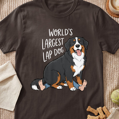 Bernese Mountain Dog graphic with "World's Largest Lap Dog" text.
