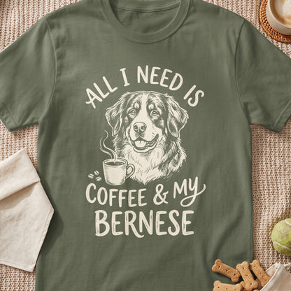 Green t-shirt with "All I Need Is Coffee & My Bernese" text and dog illustration.
