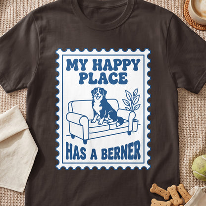 Berner dog on couch with text "MY HAPPY PLACE HAS A BERNER" in stamp design.