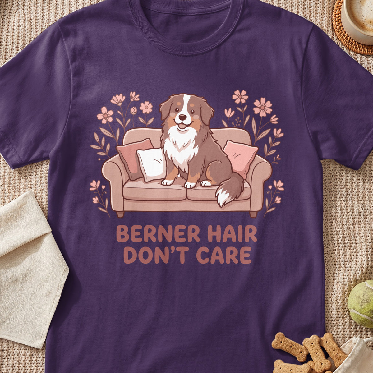 Purple t-shirt with cartoon dog on a couch and text "BERNER HAIR DON'T CARE".