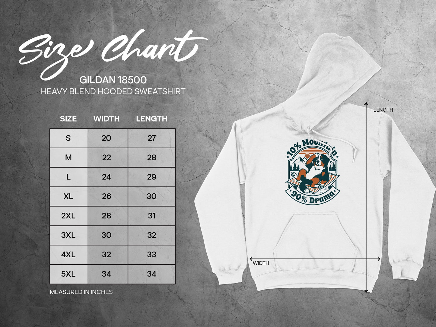 Gildan 18500 Heavy Blend hooded sweatshirt size chart with width and length measurements.