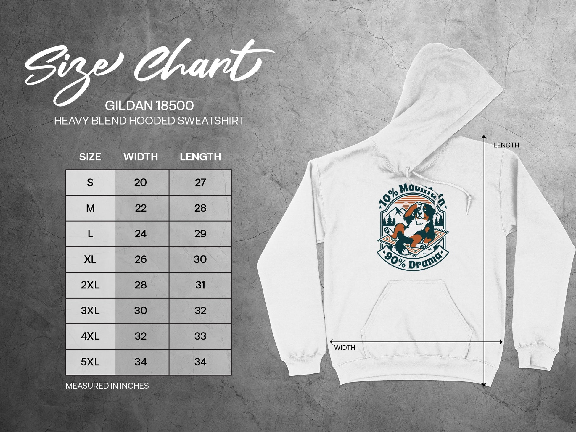 Gildan 18500 Heavy Blend hooded sweatshirt size chart with width and length measurements.
