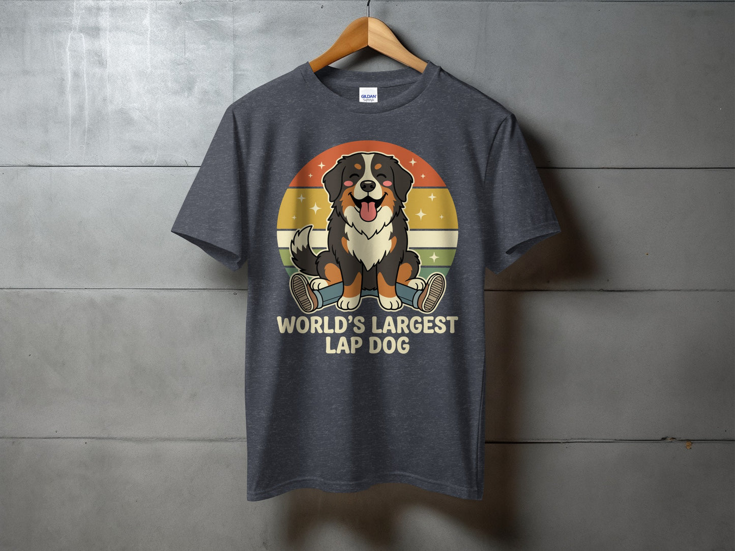 Dark gray t-shirt with cartoon Bernese mountain dog and text "WORLD'S LARGEST LAP DOG".