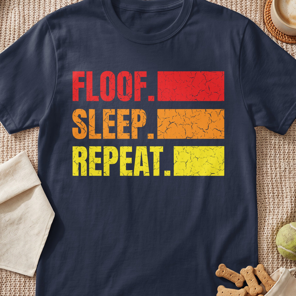 Navy t-shirt with distressed "Floof. Sleep. Repeat." text in red, orange, and yellow.