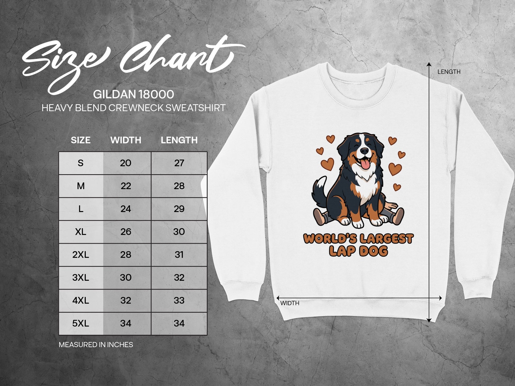 Gildan 18000 sweatshirt size chart with measurements and cartoon Bernese Mountain Dog.
