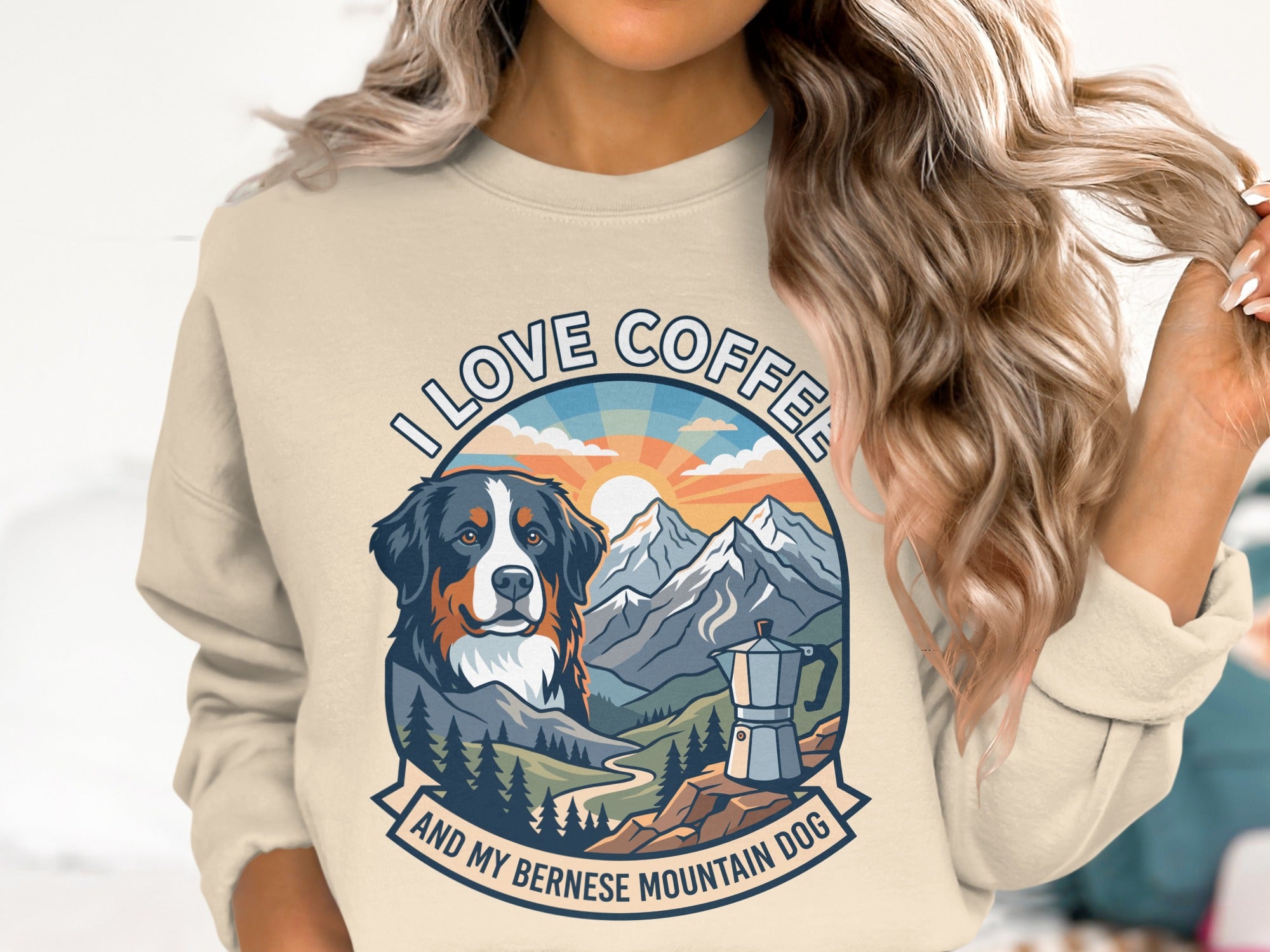 Bernese Mountain Dog wearing a cowboy hat, "I love coffee and my Bernese mountain dog".