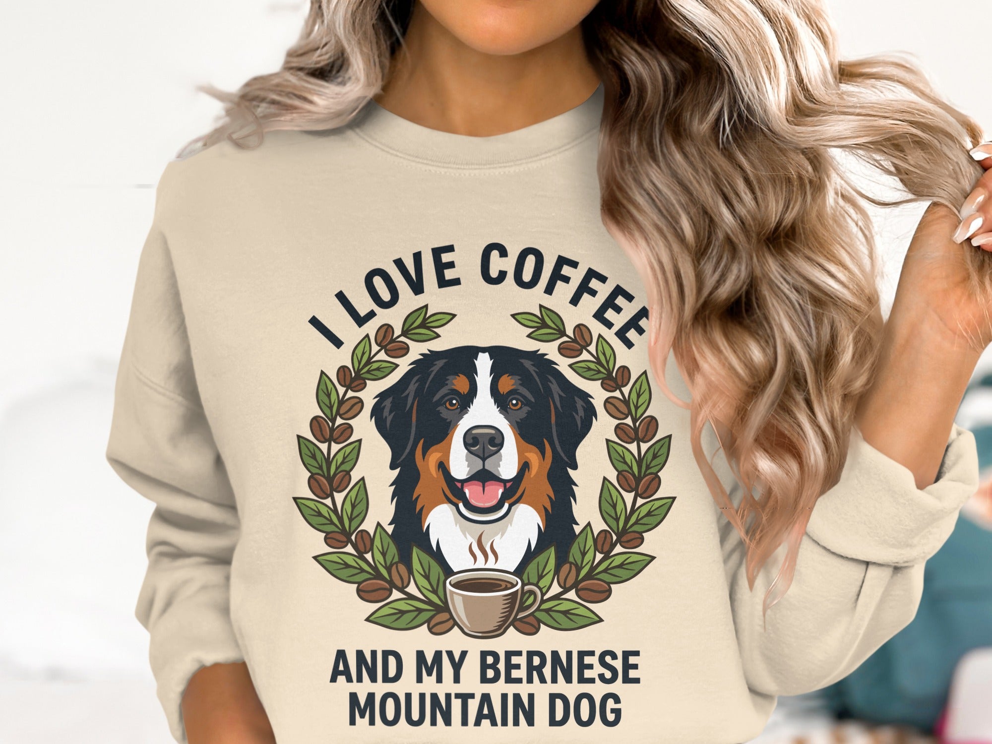 Bernese Mountain Dog and coffee graphic with text "I LOVE COFFEE AND MY BERNESE MOUNTAIN DOG".