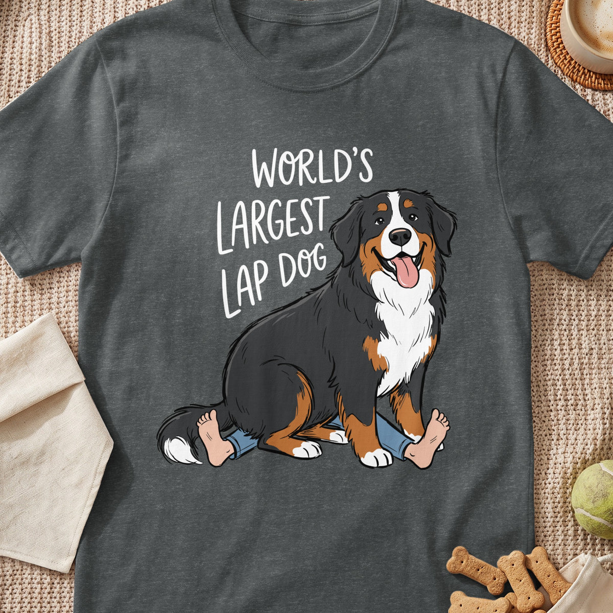Bernese Mountain Dog illustration with "World's Largest Lap Dog" text.