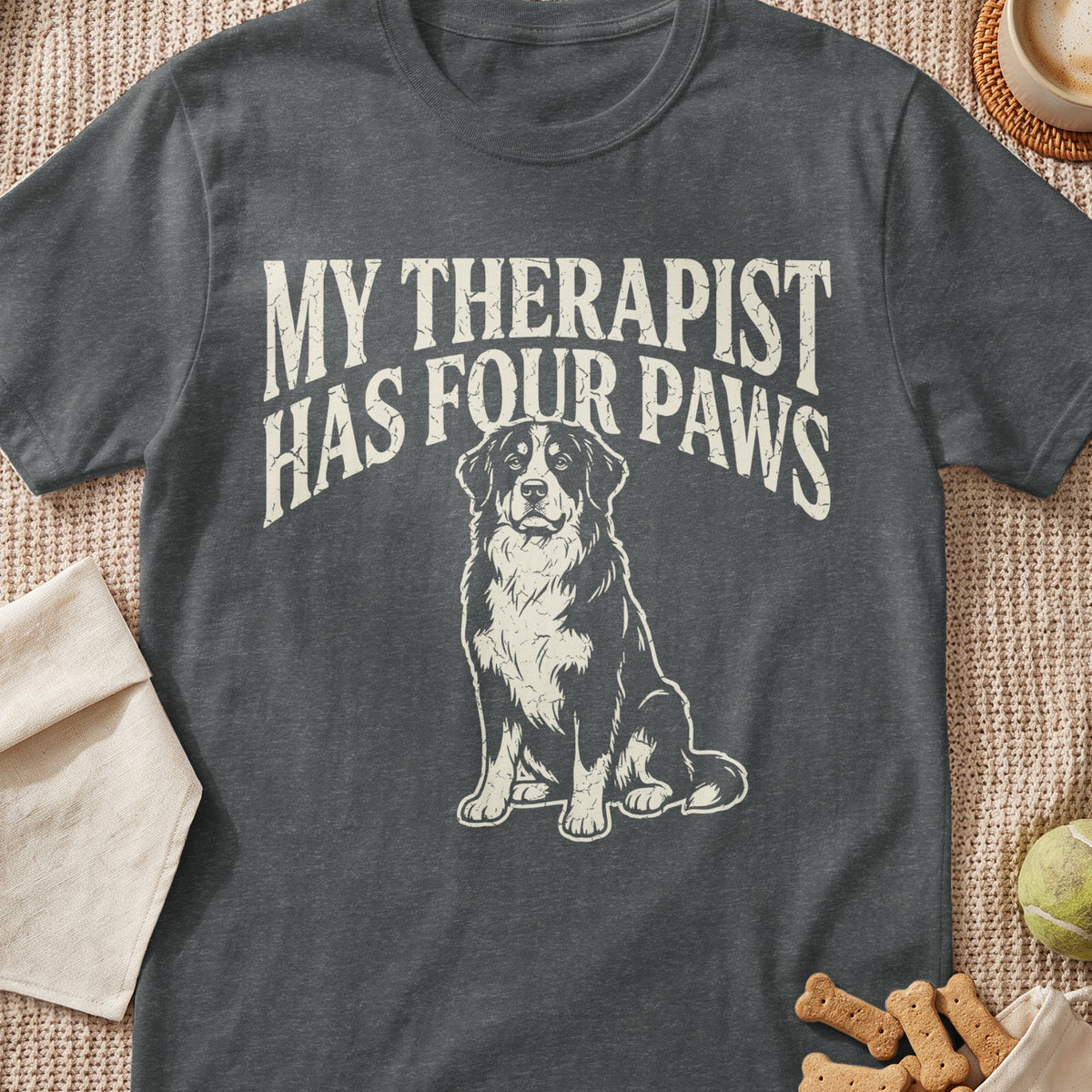 Dark grey t-shirt with "MY THERAPIST HAS FOUR PAWS" and a dog graphic.