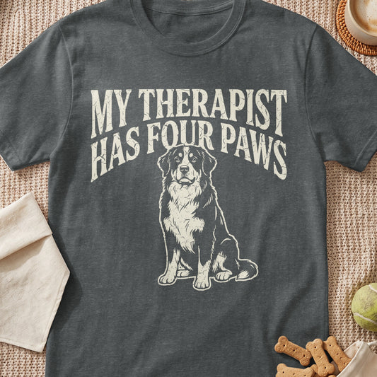 Dark grey t-shirt with "MY THERAPIST HAS FOUR PAWS" and a dog graphic.