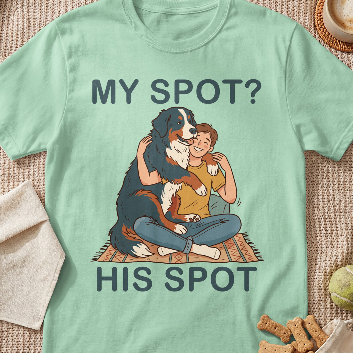Bernese Mountain Dog hugging a person with text "MY SPOT? HIS SPOT".