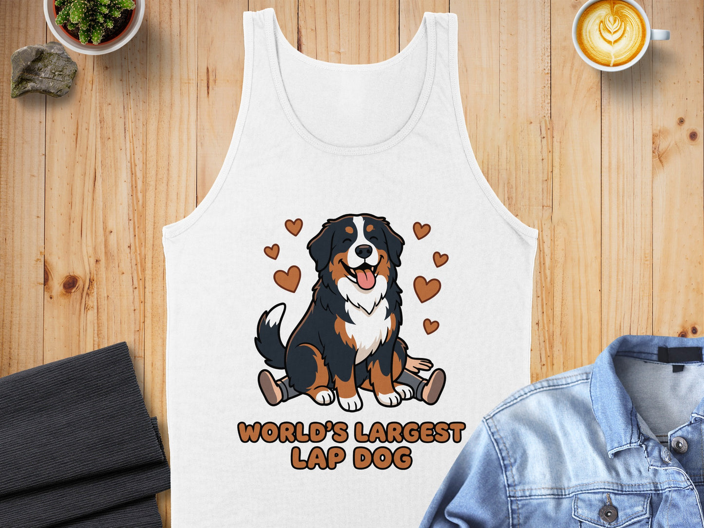 White tank top with a cartoon Bernese Mountain Dog graphic and "World's Largest Lap Dog" text.