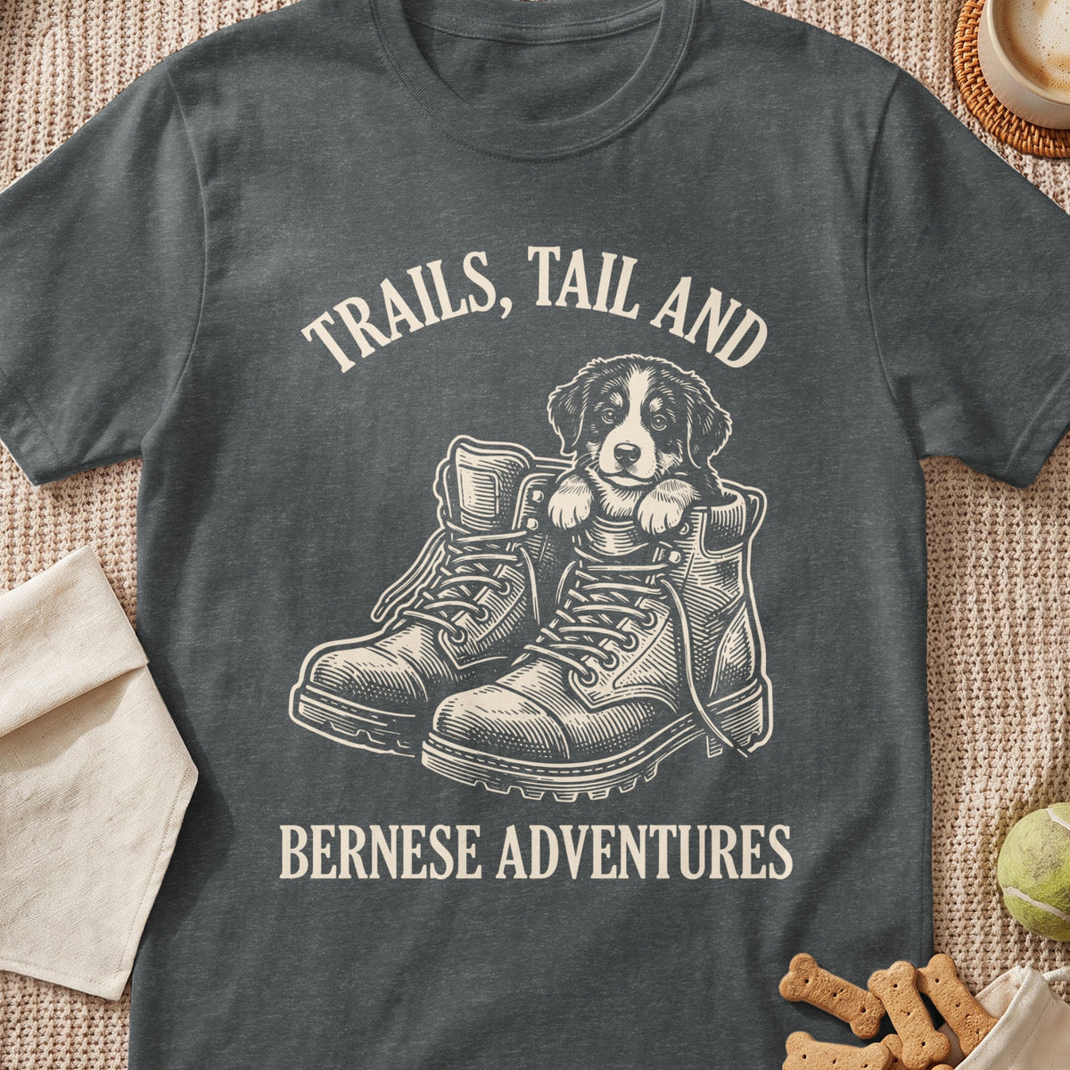 Dark grey t-shirt with "TRAILS, TAIL AND BERNESE ADVENTURES" text and illustration.