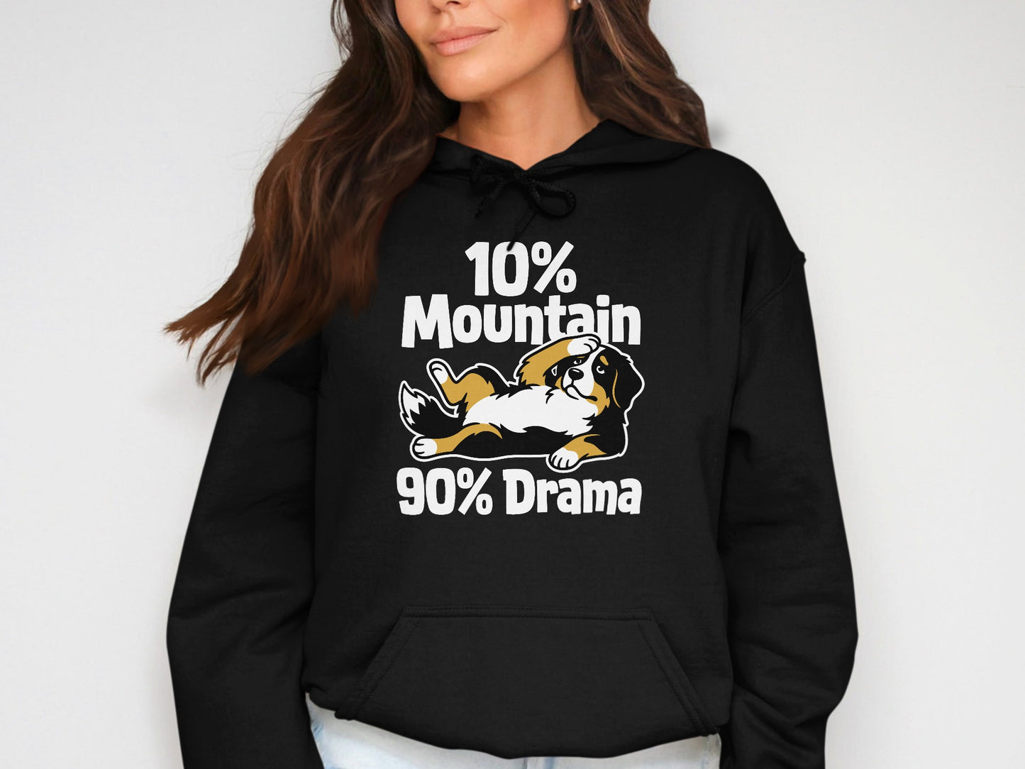 Black hoodie with "10% Mountain 90% Drama" text and cartoon dog.