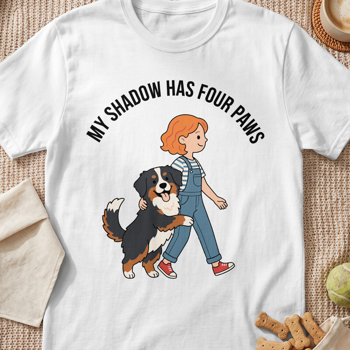 White t-shirt with text "MY SHADOW HAS FOUR PAWS" and cartoon of girl walking dog.