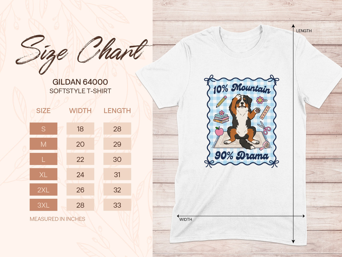 Gildan 64000 Softstyle T-Shirt size chart with a dog graphic.