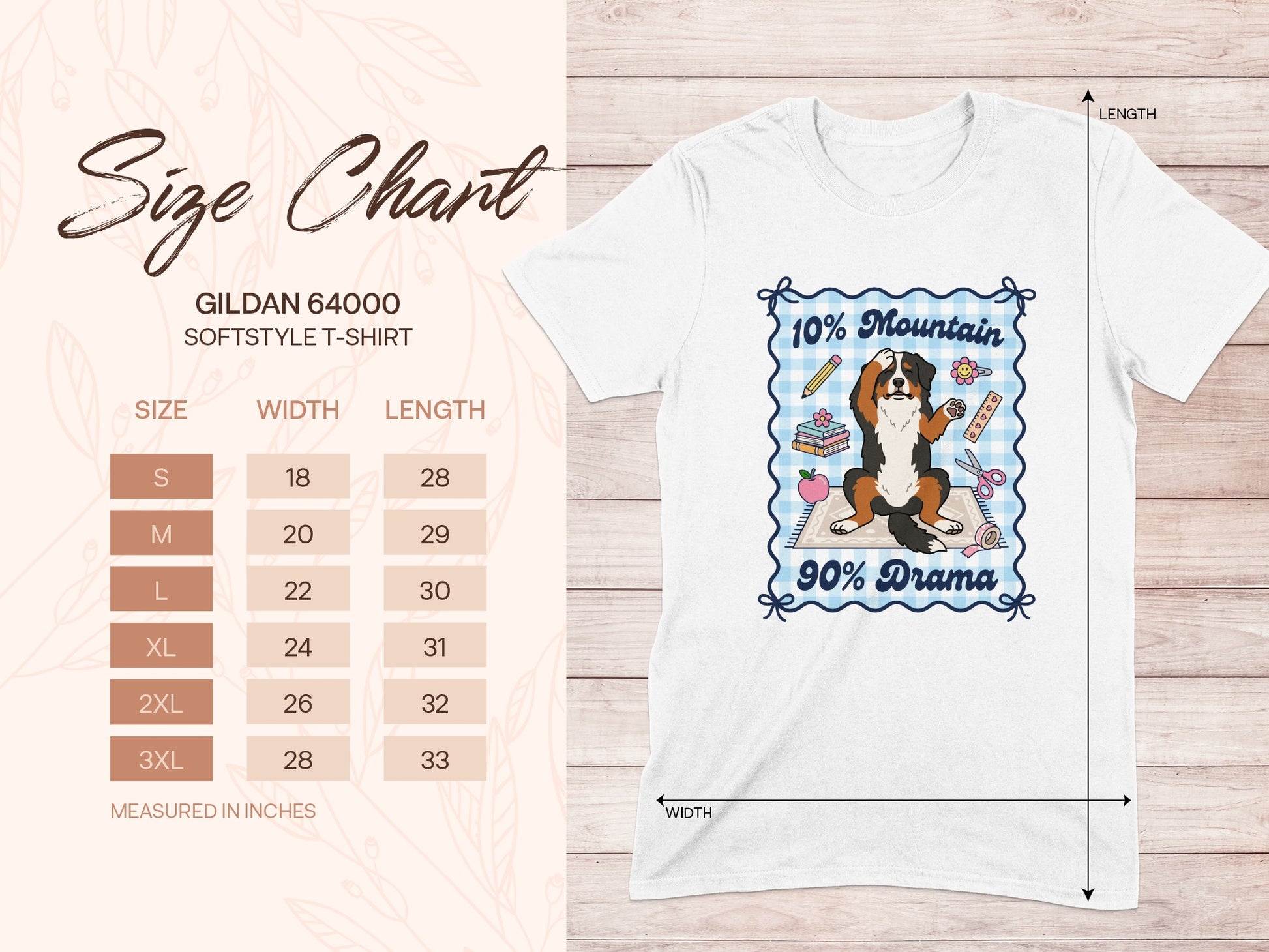 Gildan 64000 Softstyle T-Shirt size chart with a dog graphic.