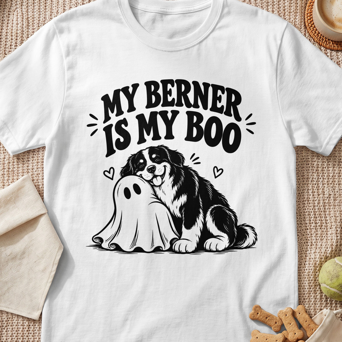 Bernese Mountain Dog hugging a ghost with text "My Berner is my Boo".